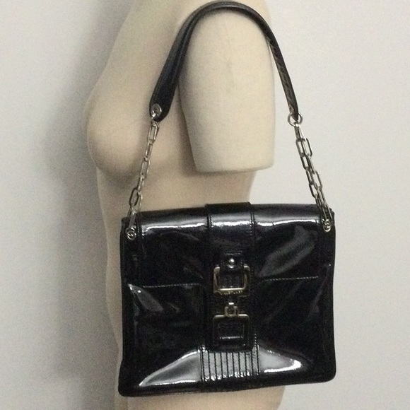Jill Stuart Patent Leather Shoulder Bag with Chain Strap Black Like New - Picture 1 of 10